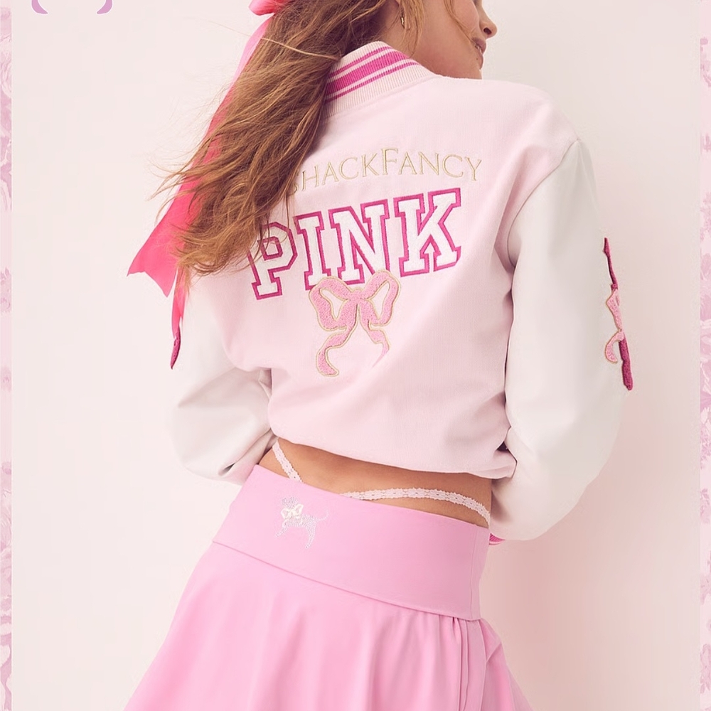 Pink X LOVESHACKFANCY Varsity Jacket Reissued Boyfriend Style. Size: M